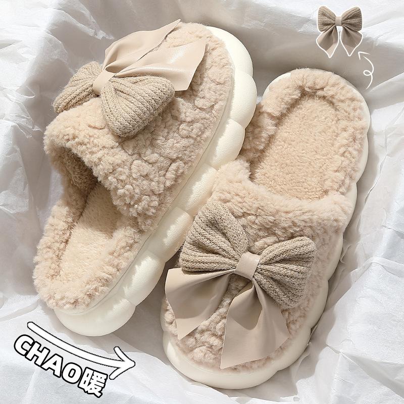 Bow cotton slippers autumn and winter new thick-bottomed indoor home non-slip warm plush slippers