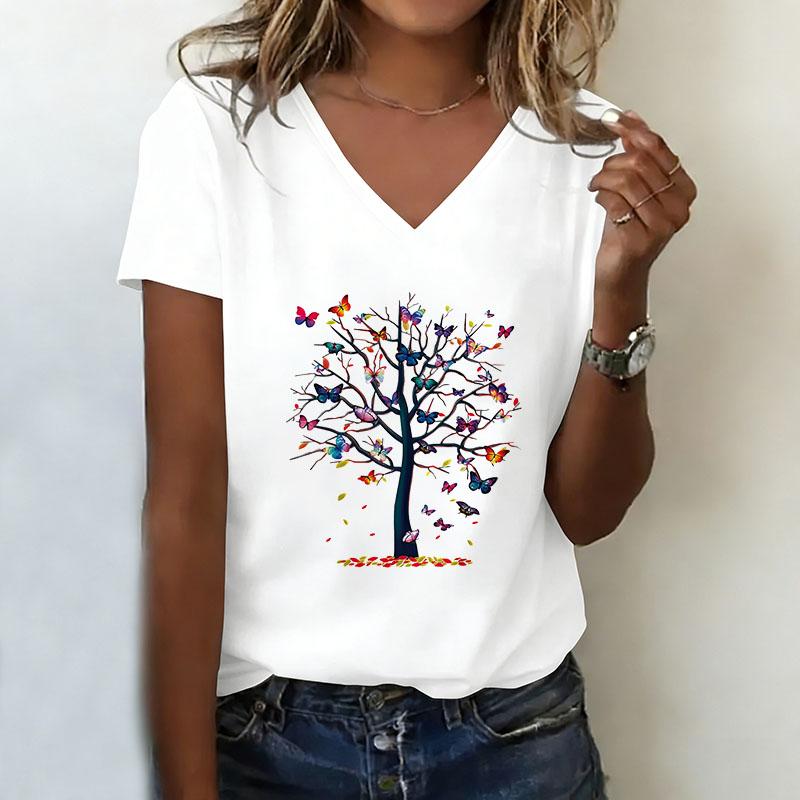 Vintage Butterfly Tree Summer Spring T-shirt V Neck Casual Fashion Y2k T Shirts Women Short Sleeve Tee Shirt V-Neck Tee S
