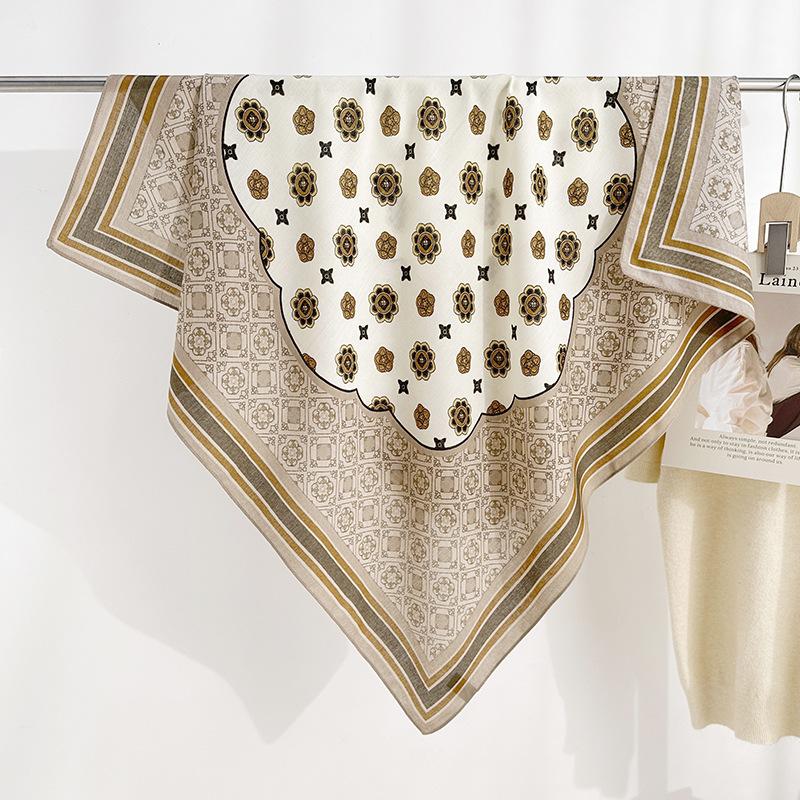 Spring and Summer Fashionable and Fashionable Women's Geometric Floral Printed Silk Scarf for Women's High-end Temperament Herringbone Square Scarf