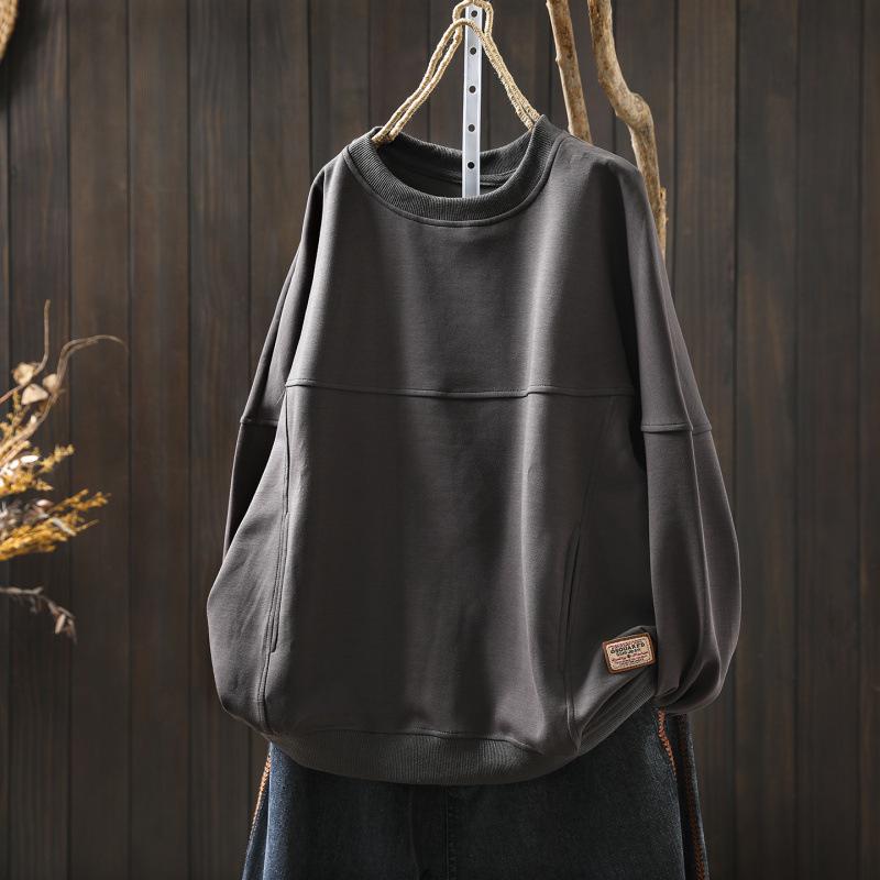 Women's Chic Loose-Fit Retro Sweatshirt with Round Neck, Appliqué & Contrast Stitching - Long Sleeve Casual Top