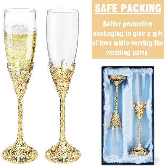 Champagne Flutes-Set of 2 Champagne glasses, Crystal Glasses&Metal Base, Toasting Flute Pair, Wedding Anniversary, Party,Birthday,Banquets,Gifts for