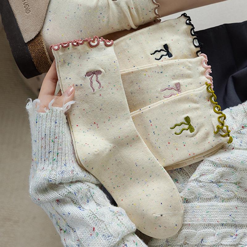 SCIONE Women's Pile Socks Solid Color Cotton Socks Spring and Autumn Yarn Stockings Cute Kapibala Series Ruffled Trim Embroidered Girl Socks