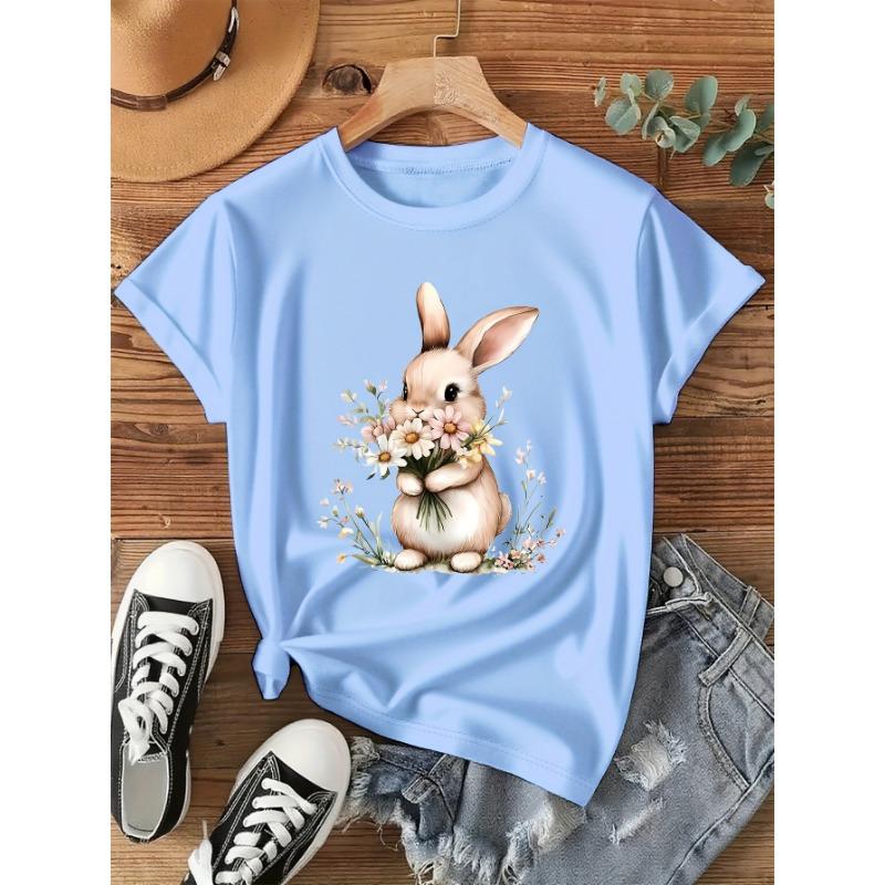 Cute Bunny and Flower Printed T-shirt, Short-sleeved Crew Neck Casual Top