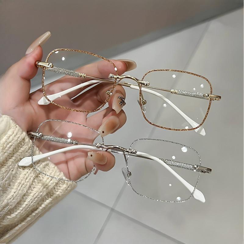 2pcs Vintage Art Metal Frame Glasses Elegant Frameless Blue Light Blocking Glasses Suitable for Men and Women
