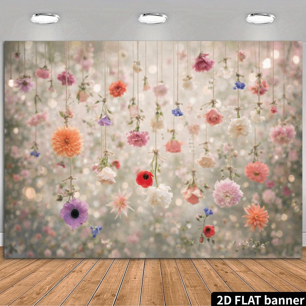 2D Plane Colorful Flowers Hanging In the Air Pink White and Purple Flowers Interwoven Polyester Fibers Romantic Atmosphere
