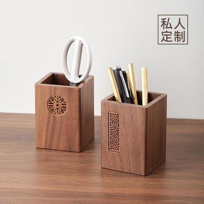 1pcs Solid Wood Multifunctional Pen Holder - Retro Desktop Organizer with Engraving Office Storage Box for Pencils Phone Stand