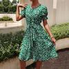 Summer Green Floral Print Pleated Dress Women Short Sleeve O Neck Lace Up