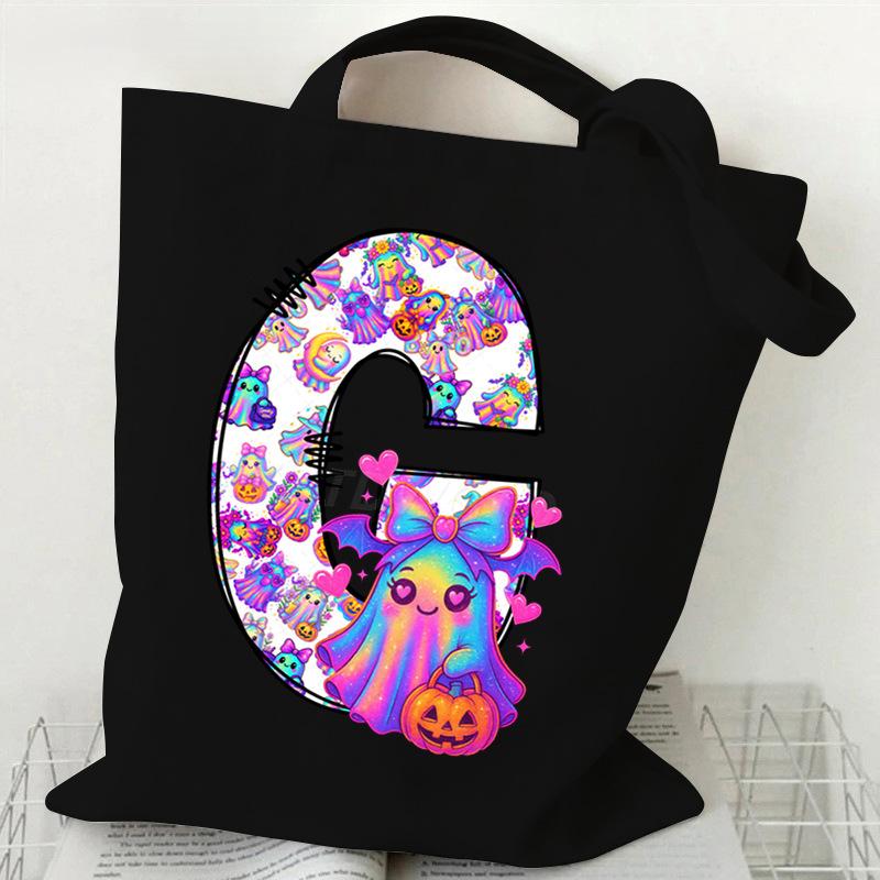 Halloween Alphabet Canvas Bag Going Out Portable Handbag Women's Large Capacity Casual Shoulder Crossbody Bag