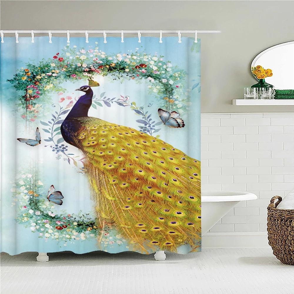 Peacocks Shower Curtains Chinese Birds Feather Bathroom Curtains Retro Flower Waterproof Polyester Bathtub Screen With Hooks