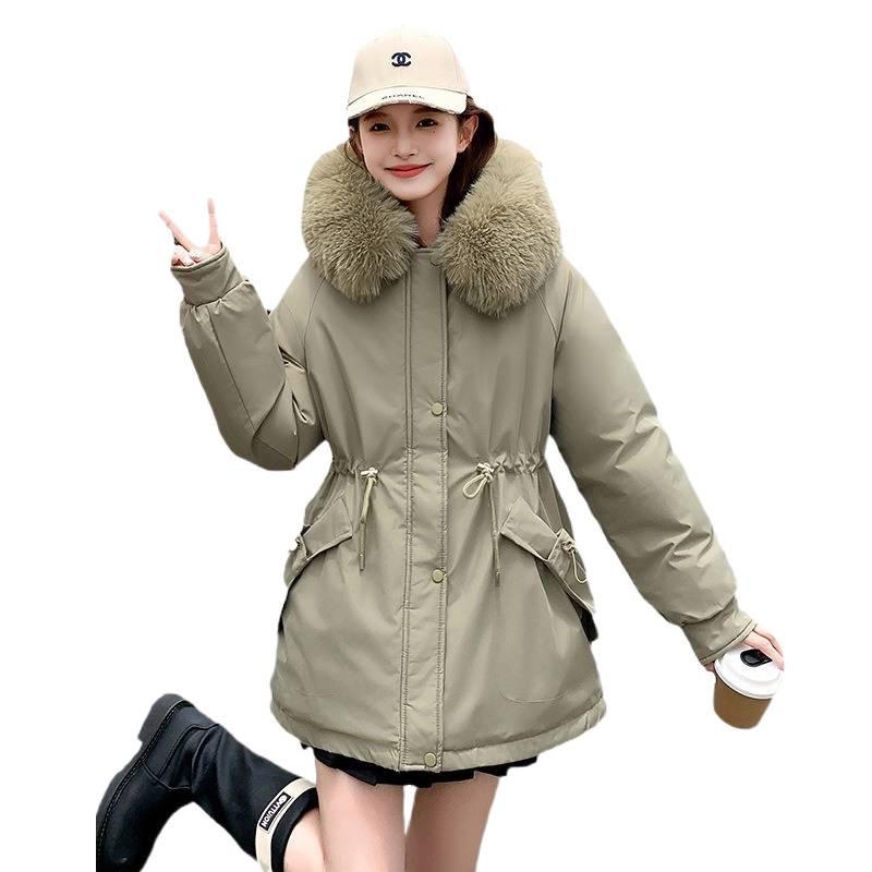 Women's Mid-Length Cotton Jacket with Large Fur Collar, Hooded, Winter 2024 Style, Warm Outerwear.