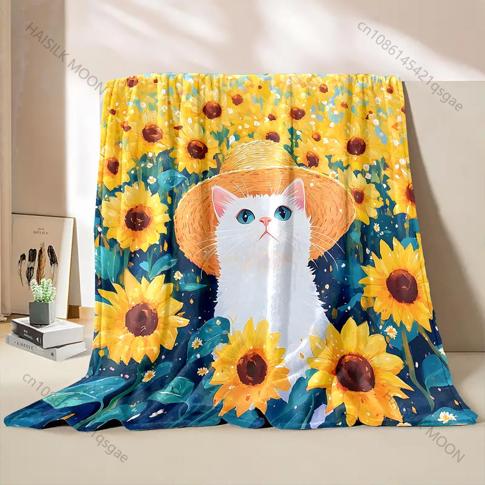 1PC Cat and Sunflower Flowers Print Blanket 4 Season Soft Fluffy Throw Kids Adult Quilt Sofa Throw Blanket  Travel Camping
