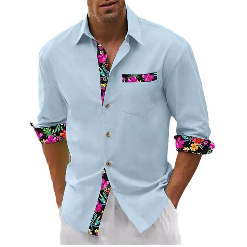 Men's linen shirt button beach shirt long sleeve floral lapel spring and autumn casual daily clothing clothing stitching