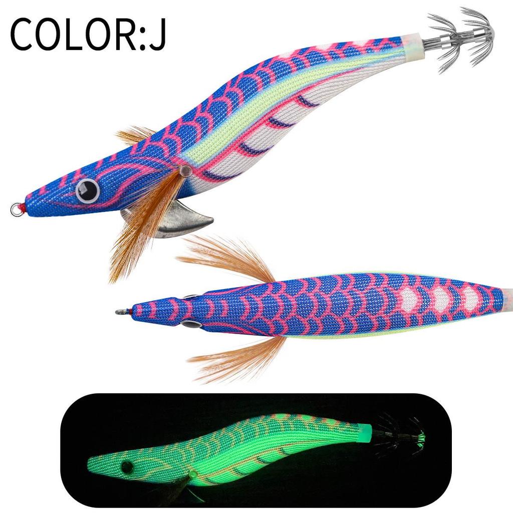 SQUID KING Luminous Wooden Shrimp Squid Hook - Sizes 2.5, 3.0, 3.5 with Rapid Current Lead Head & Rattle for Deep Water.