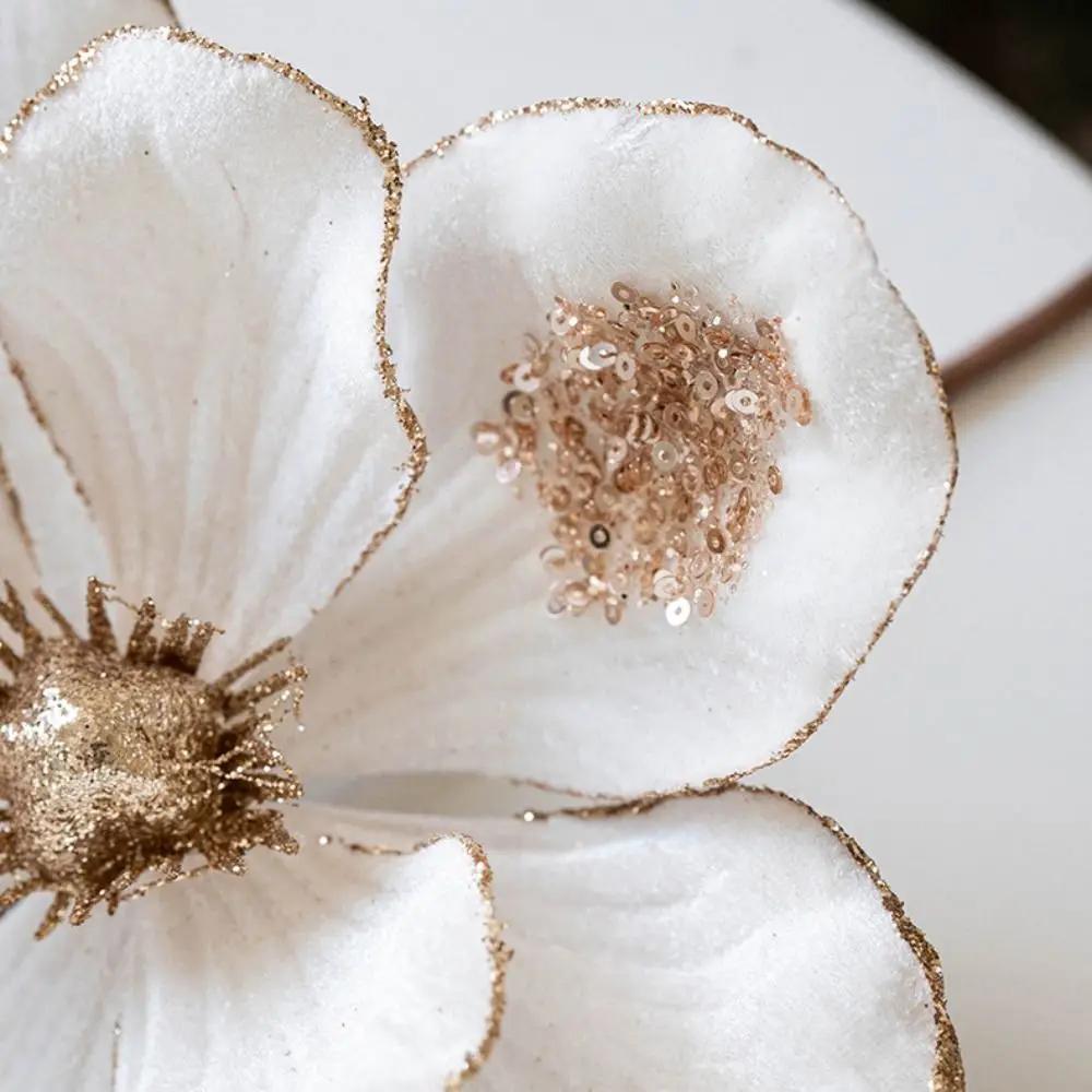 Fabric Plastic Christmas Artificial Flowers DIY Decoration 22cm Xmas Decorative Flowers Ornaments Glitter Fake Flower New Year