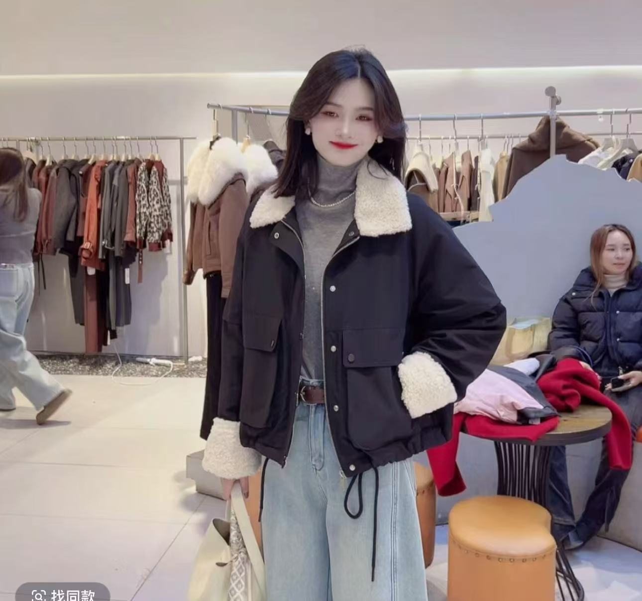 

Lamb wool lapel pie overcomes coat women s 2025 winter new casual loose tooling thickened coat tide M чёрный