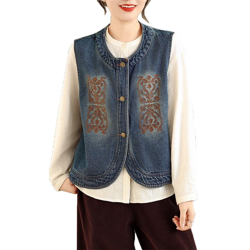 Spring Plus Size Embroidered Denim Vest - Casual, Loose, and Versatile Fashion