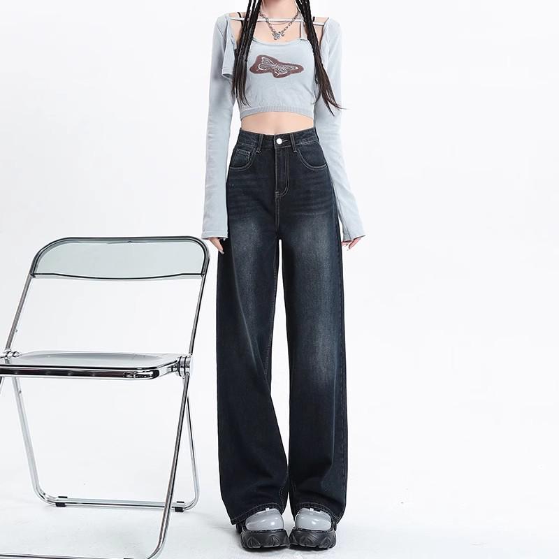 Dark Blue High-Waisted Wide-Leg Jeans for Women - Autumn/Winter 2025 Retro Casual Straight Floor-Length Pants