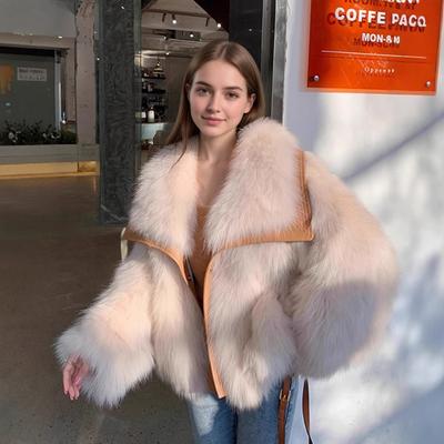 Women's Faux Fur Coat Patchwork Leather Trim Lapel Warm Winter Jacket