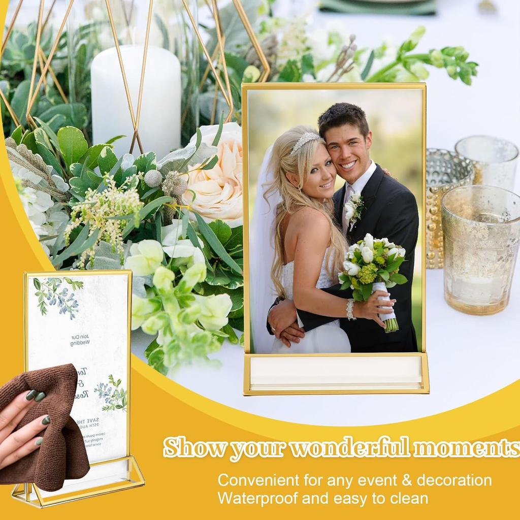 8 Pack Acrylic Sign Holder Gold Borders,4 X 6 Gold Table Number Holders Vertical Stand,Double Sided Clear Picture Frames,Gold Sign Holders Display