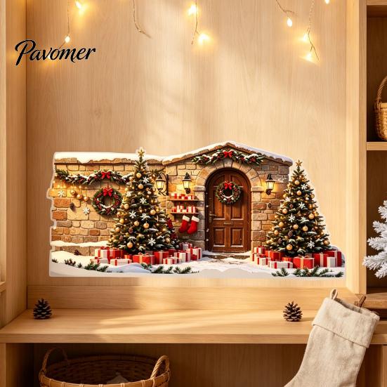 Christmas Decoration Decal Snow House Wall Sticker, Removable Self-Adhesive Easy Apply Stickers Scene Decal, PVC Waterproof Decorative for Holiday