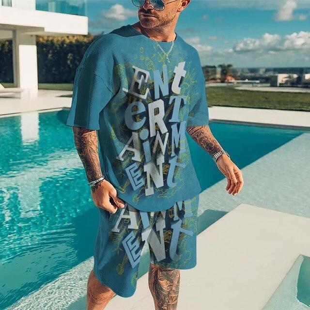 Men's Set Summer Casual Sportswear 3D Plus Size Beach Street Harajuku T-shirt Shorts Short Sleeve 2-Piece Set Personalized