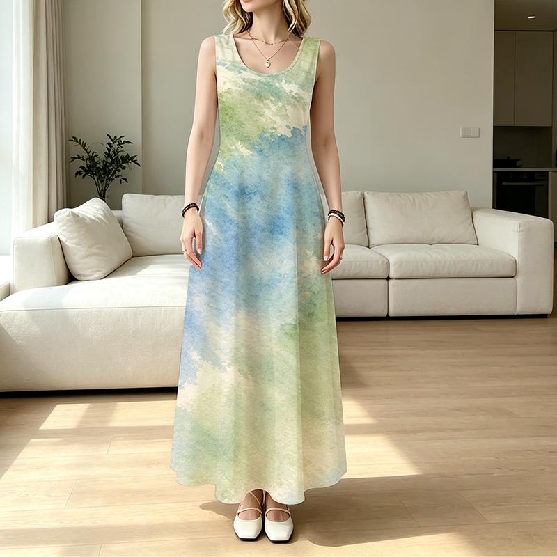 Nature Tone Watercolor Blur Print Round Neck Sleeveless Long Dress, Vacation Beach Flowy Maxi Dress