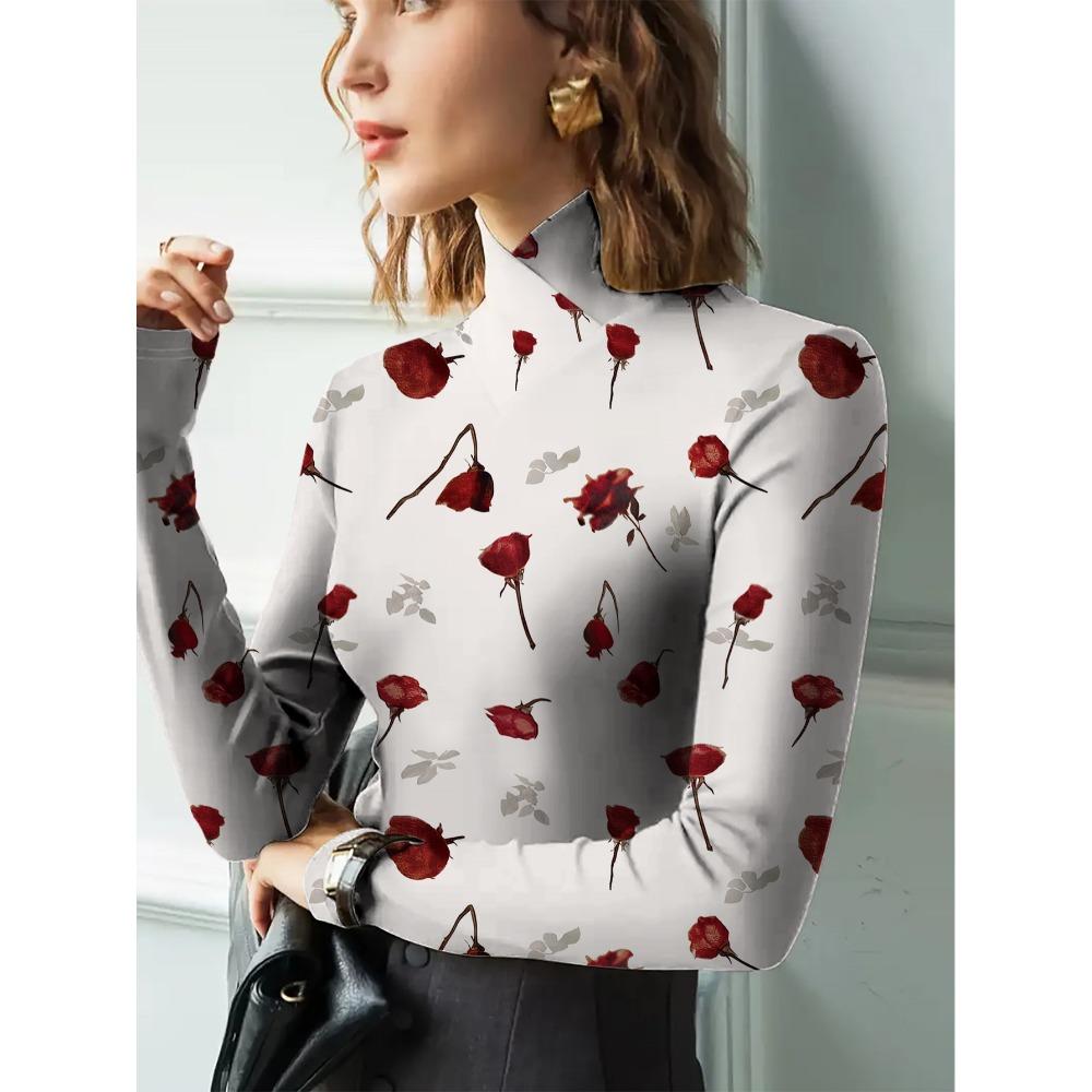Women's Long Sleeve T-Sleeve Floral Print Turtleneck Bottom Shirt Spring and Autumn Casual Interior Top