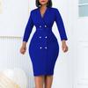 D438 OL Double-Breasted Solid Color Suit Collar African Dress