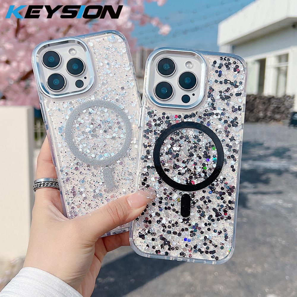 KEYSION Luxuxy Glitter Magnetic Phone Case for MagSafe for iPhone 12 13 14 Pro Max 14 Plus Soft TPU+PC Shockproof Back Cover