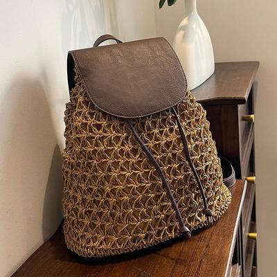 Summer Women Drawstring Straw Backpack Daypack Weaving Shoulder Bag Small Knapsack Mochila