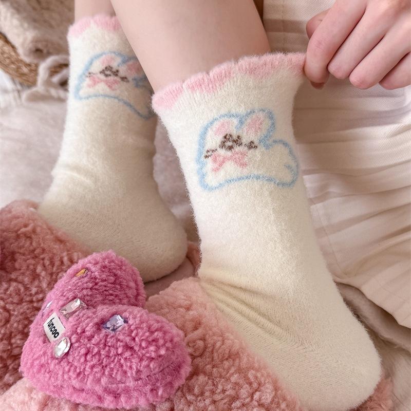 Female Autumn Winter Thickened Warm Strawberry Cartoon Rabbit Bow Sleep Floor Mid Tube Socks