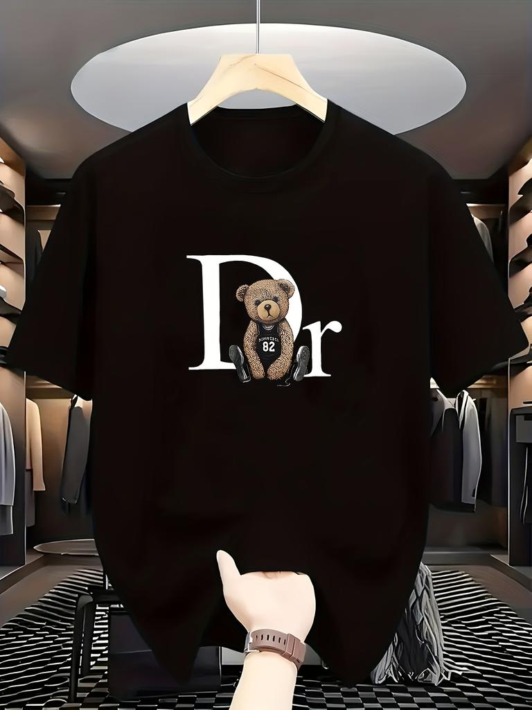 Sleeve Round Neck Casual Attire Playful Teddy Print Summer Casual Graphic T-Shirt Geometric Print Aesthetic Clothes