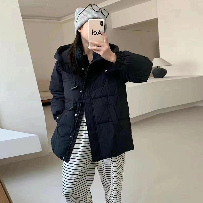 Fashion down jacket women's medium and long 2024 winter new horn buckle hooded thin white duck down jacket tide