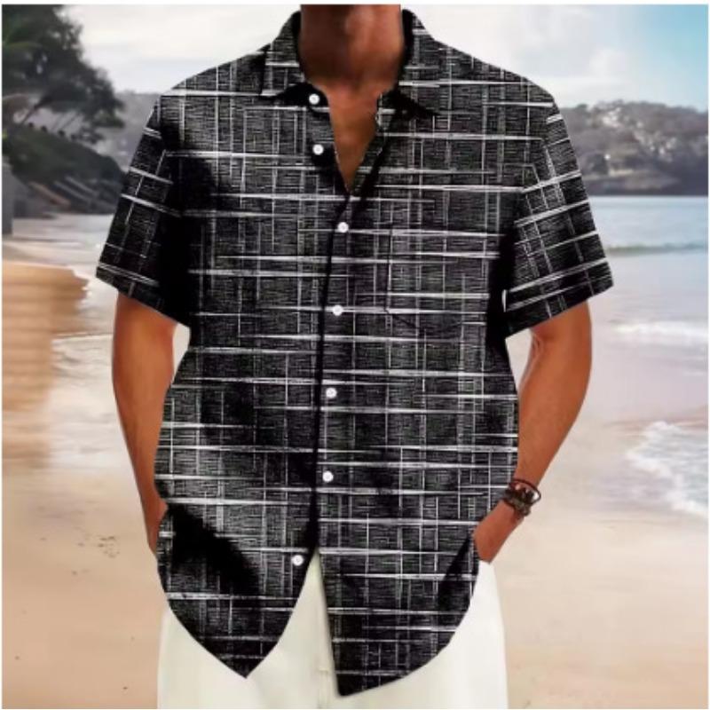 Men's Summer Green Grid Print Hawaiian Shirt Casual Short Sleeve Beach Shirt