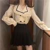 Shirts Dames Vintage Patchwork Lantaarnmouw Zeemanskraag College Dubbelrijig Los Casual Grote Maat