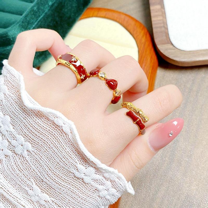 Ankola Red Drip Glaze Open Ring Women'S Light Luxury Niche High-End Index Finger Ring Retro White Stacked Wearing Ring