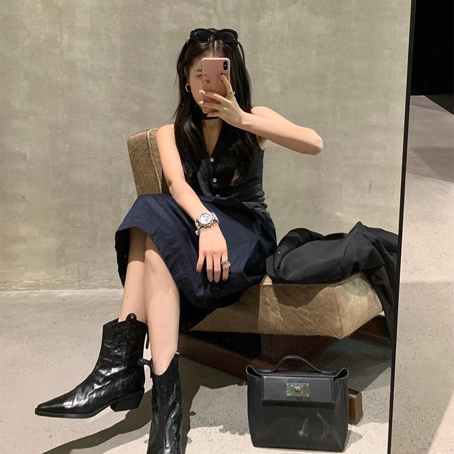 Lammfellversion~ spitze V-Ausschnitt Westernstiefel Damen Chelsea Französische Retro-Faltenstiefel dünne Stiefel dicker Absatz Lederstiefeletten