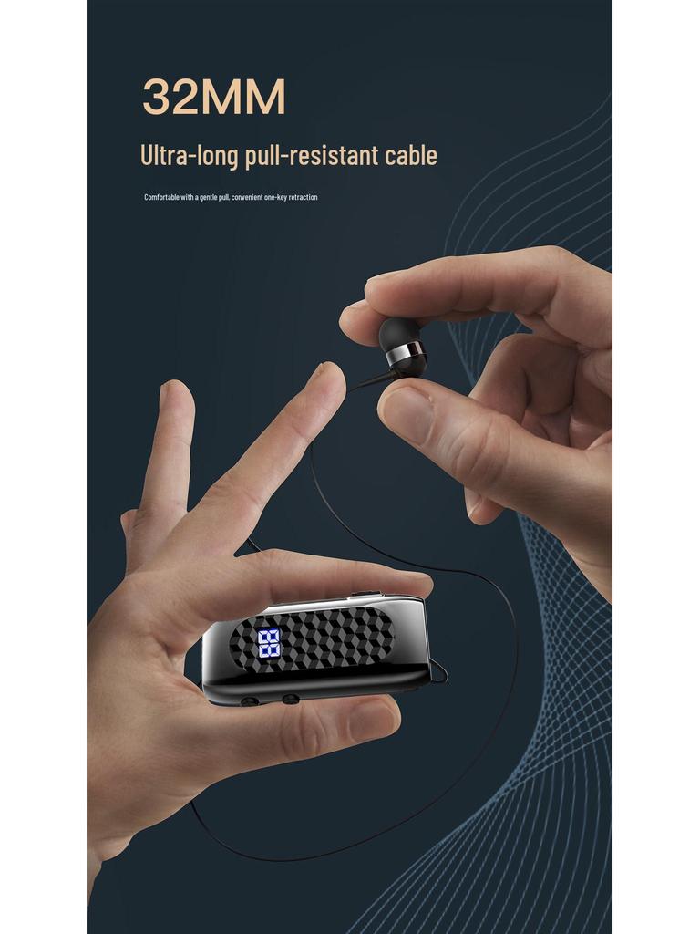 DR13 Clip-On Bluetooth Earphone with Retractable Pull-Out Line, 20H Battery, Digital Display, Business Call Vibration & Number Reporting.