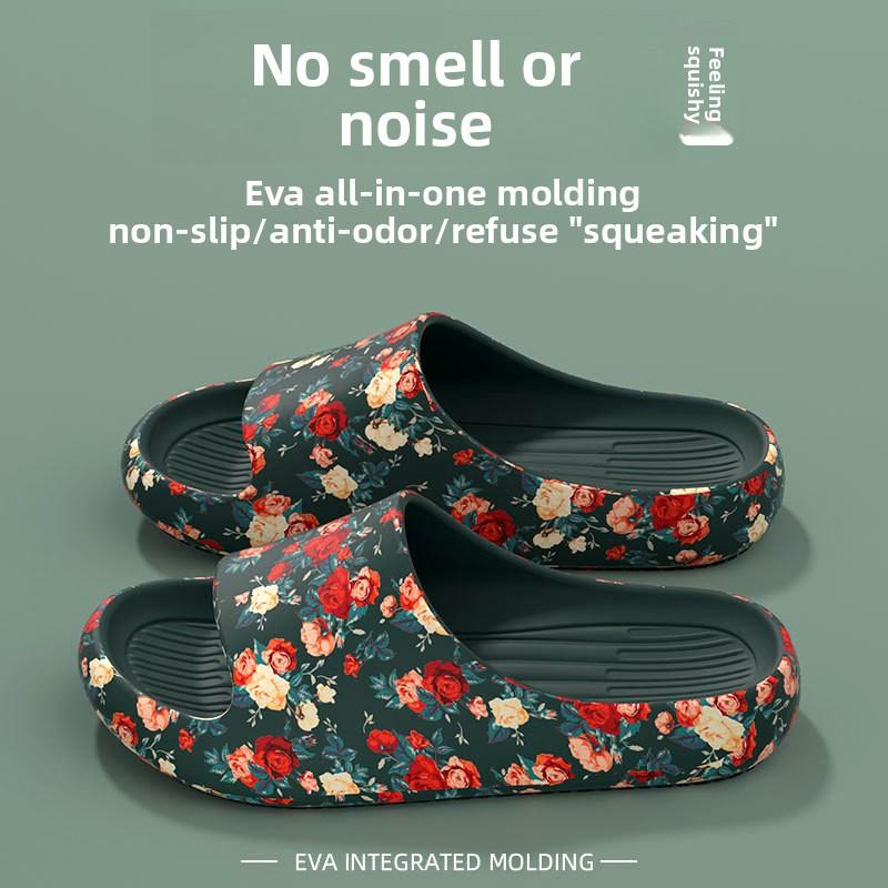 Romantisk blomstermønstret stil Hjemme- og utendørs klesscene, Kvinners foretrukne trykte pustende tøfler, Moteslippers, Flat hæl