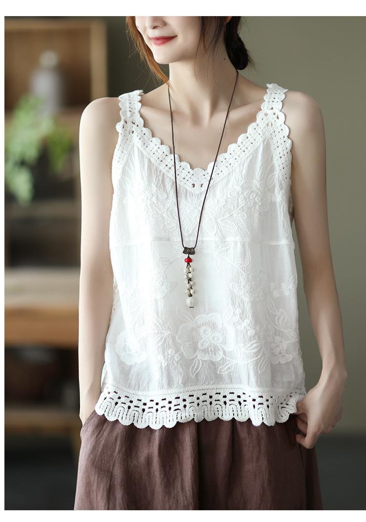 

Color Non-bow suspenders Cotton and linen embroidered V-neck top Bottom vest Women s outer wear Spice girl inner with jeans One size fits all білий