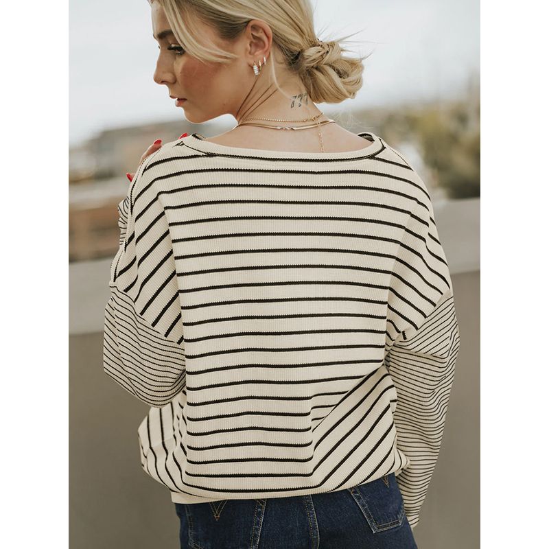 Fall New Simple and Versatile Stripes Long Sleeves T-shirt Female 2025 European and American Leisure Loose Shoulder Round Neck Sweatshirt Female