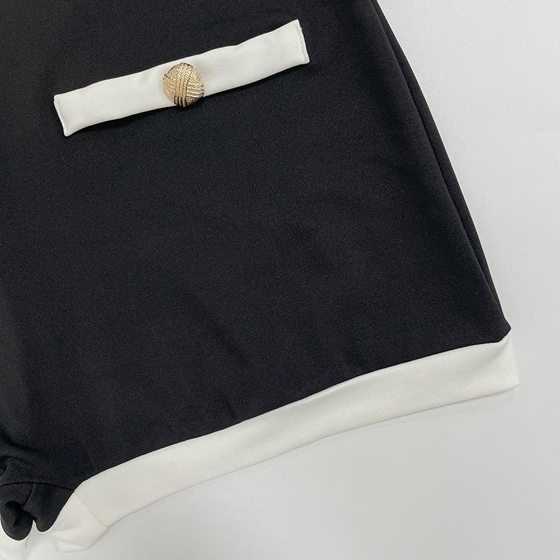 New European & American Fashion Black & White Color Block V-Neck Halter Backless Tie-Up Super Short Women's Jumpsuit