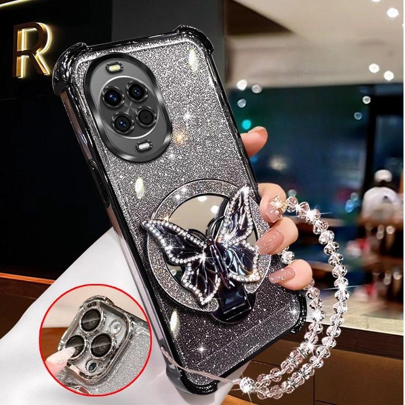 Glitter Butterfly Mirror Crystal Bracelet Case For Huawei Nova 14 Ultra 13 12 11 10 9 8 7 SE Pro Shockproof Plating Cover