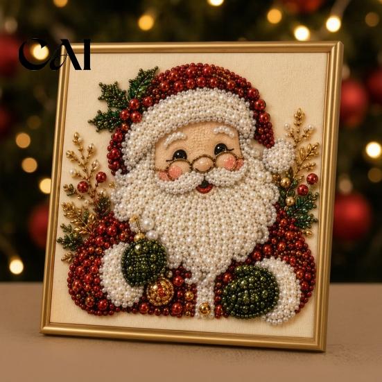 Holiday DIY Projects for Family Christmas Faux Pearl Painting Art Kit with Frame, Santa Decorative Wall Making Beads Craft Adults Beginner,