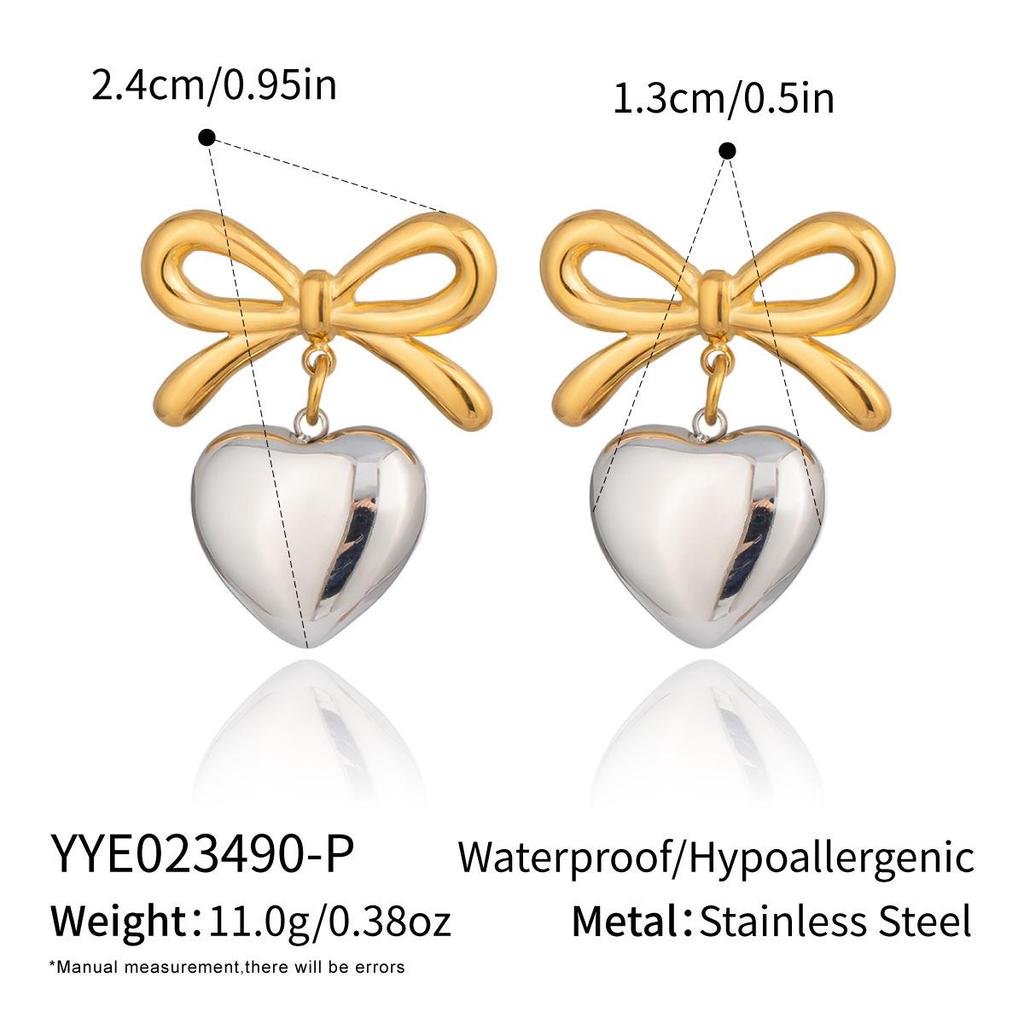 Xia Ling Valentine's Day 18K Gold-Plated Heart Pendant Bow Stud Earrings - European & American Style, High-End Titanium Steel