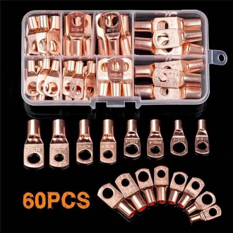 60Pcs Copper Lugs Rings Crimps Terminals Battery Wire Welding Cable Connectors Eyelets Tubular Rings Terminals Connectors