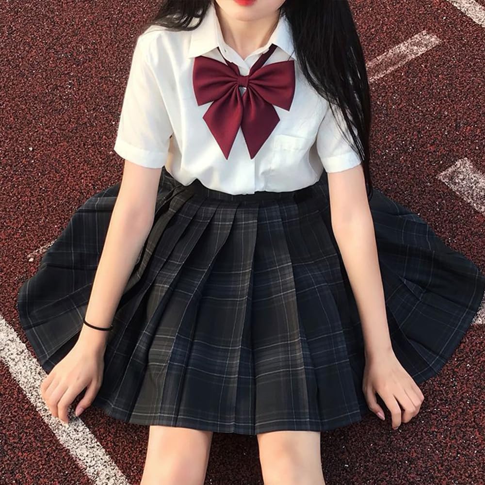 GEAHOL School Uniform Skirt 3-Piece Set Girls High Waist Pleated Check Pattern with Bow Tie Tie Adjustable Waist Machine Washable for School Festival