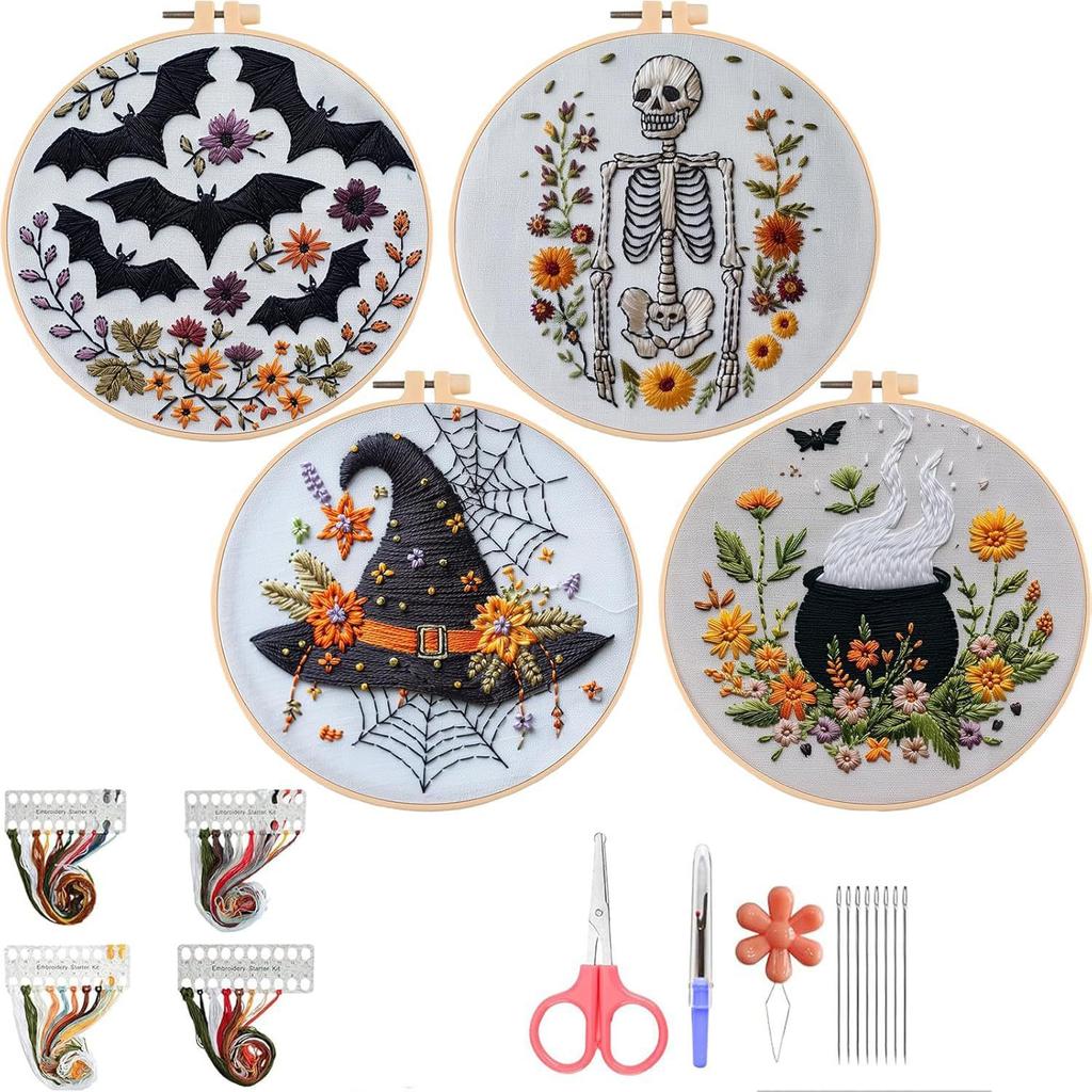 1Pc Halloween Skull Bat Witch Hat DIY Embroidery Needlework Bamboo Embroidery Frame English Kit
