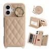 For iPhone 16 Case with Lanyard/Mirror/Card Holder Grids Pattern RFID Blocking Phone Cover