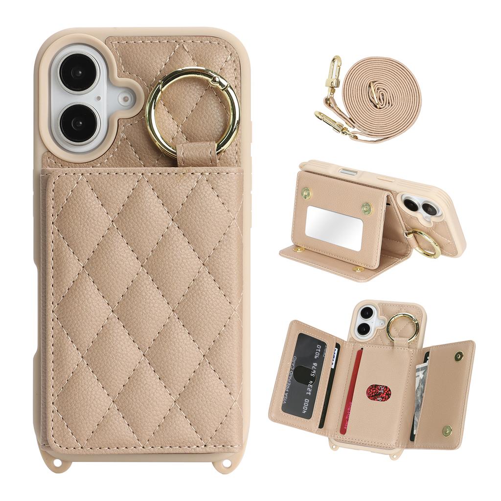 For iPhone 16 Case with Lanyard/Mirror/Card Holder Grids Pattern RFID Blocking Phone Cover